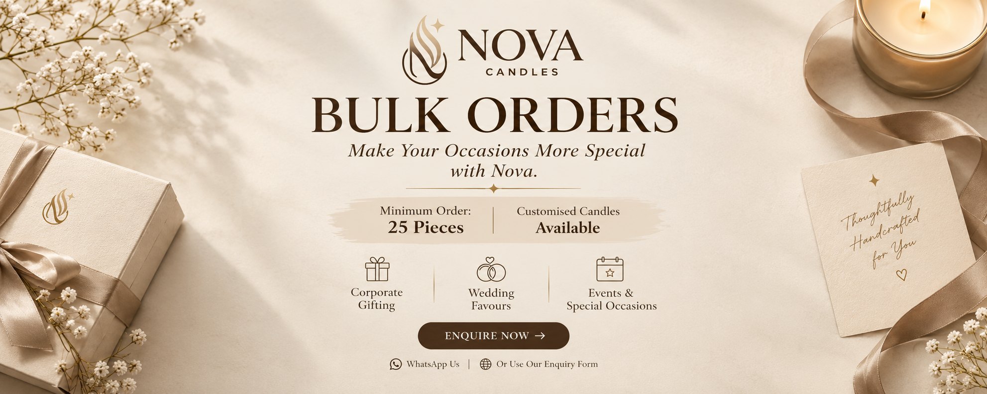 NOVA Candles bulk orders: minimum 25 pieces, customised candles for corporate gifting, wedding favours and events